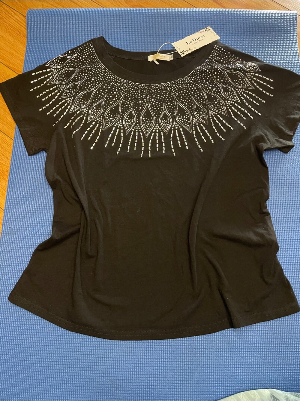 LA DIOSA Black Short-Sleeve Tee with Silver Embellished Yoke Woman SIZE XL